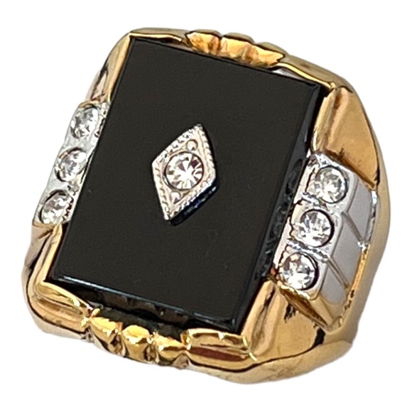 Vintage Ring Genuine Black Onyx 14K Gold Plate Mid Century Cocktail Art Deco - Picture 3 of 6